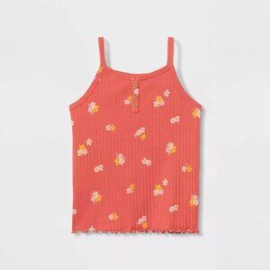 NWT Cat & Jack Girls Summer Tank Top Bright Coral Floral Rib Knit 3-Button